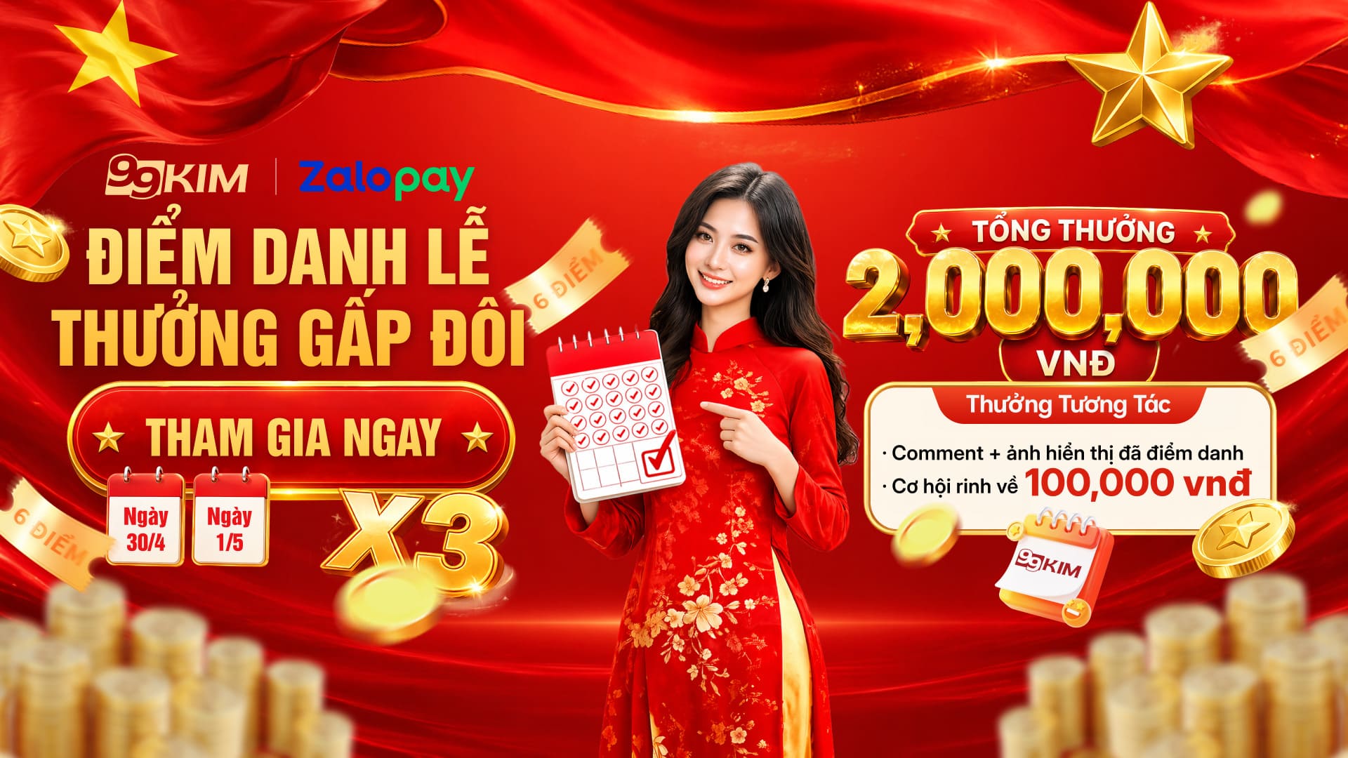 Sự kiện 99KIM Điểm danh nhận thưởng lễ 30 4